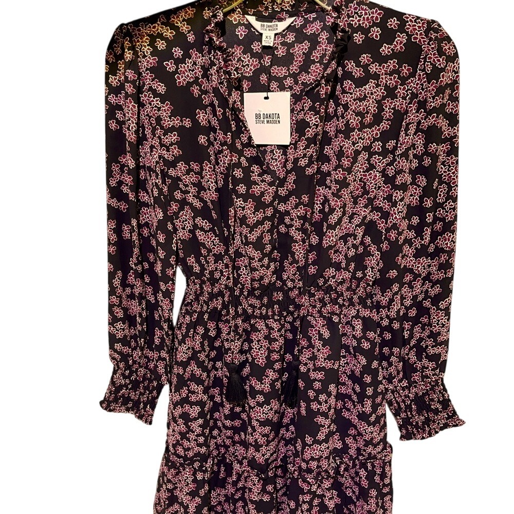 Womens BB Dakota XS V-neck Long Sleeve Black‎ Red Floral Knee Length Dress NWT